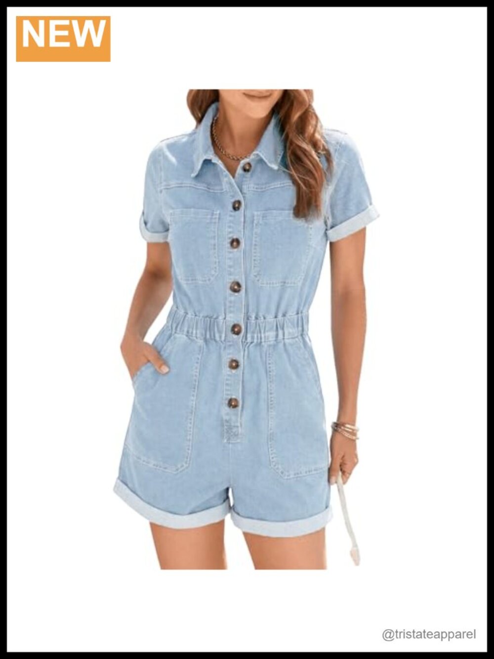 Denim Romper Short Sleeve Elastic Waist Pockets One Piece